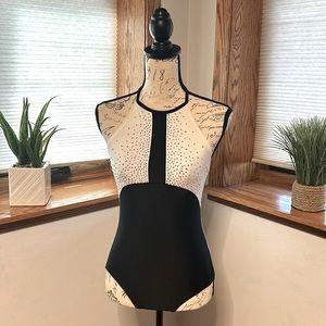 Black & White Tuxedo Halter Neck Leotard Dance Costume w/ Multi Colored Stones